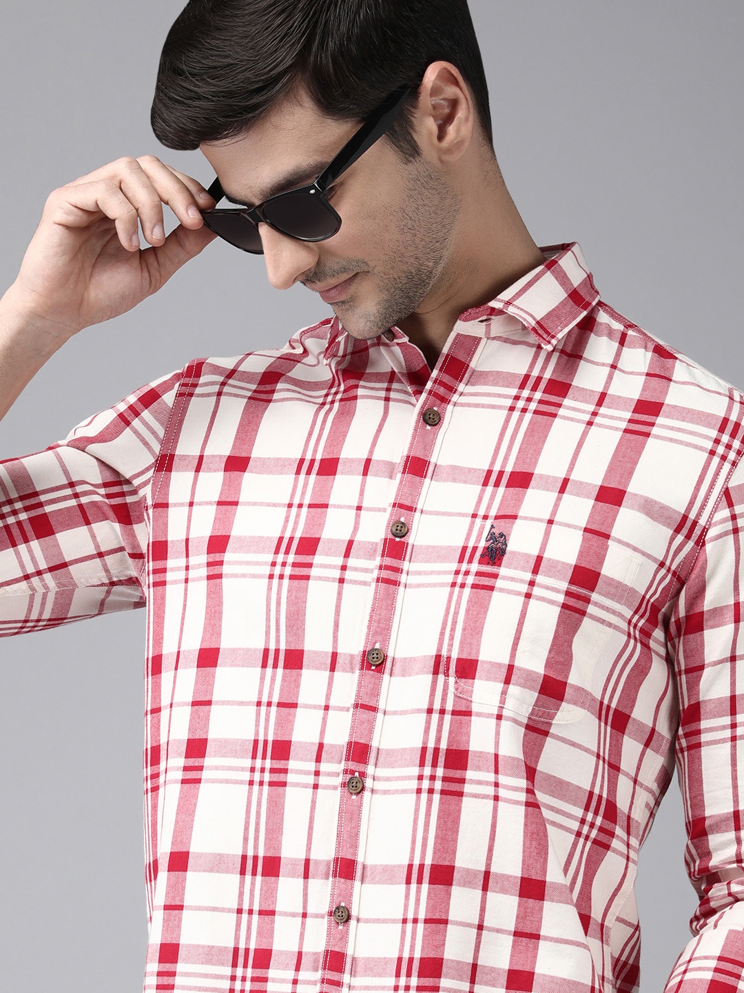 

U S Polo Assn Denim Co Men Red & White Checked Casual Shirt