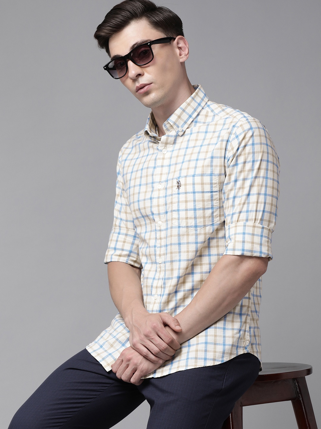 

U S Polo Assn Men Beige And Blue Tailored Fit Grid Tattersal Checked Casual Shirt