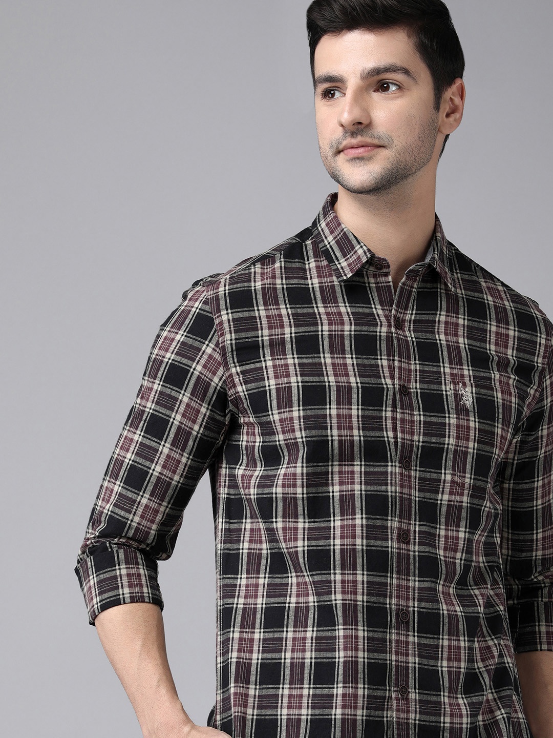 

U S Polo Assn Denim Co Men Burgundy & Black Tartan Checked Casual Shirt
