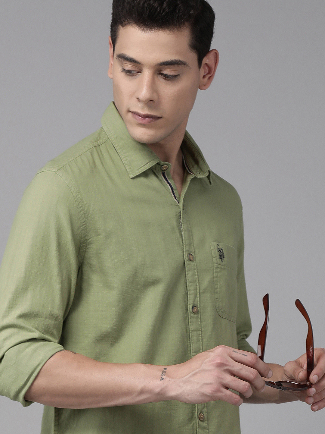 

U.S. Polo Assn. Denim Co. Men Green Textured Opaque Self Design Pure Cotton Casual Shirt