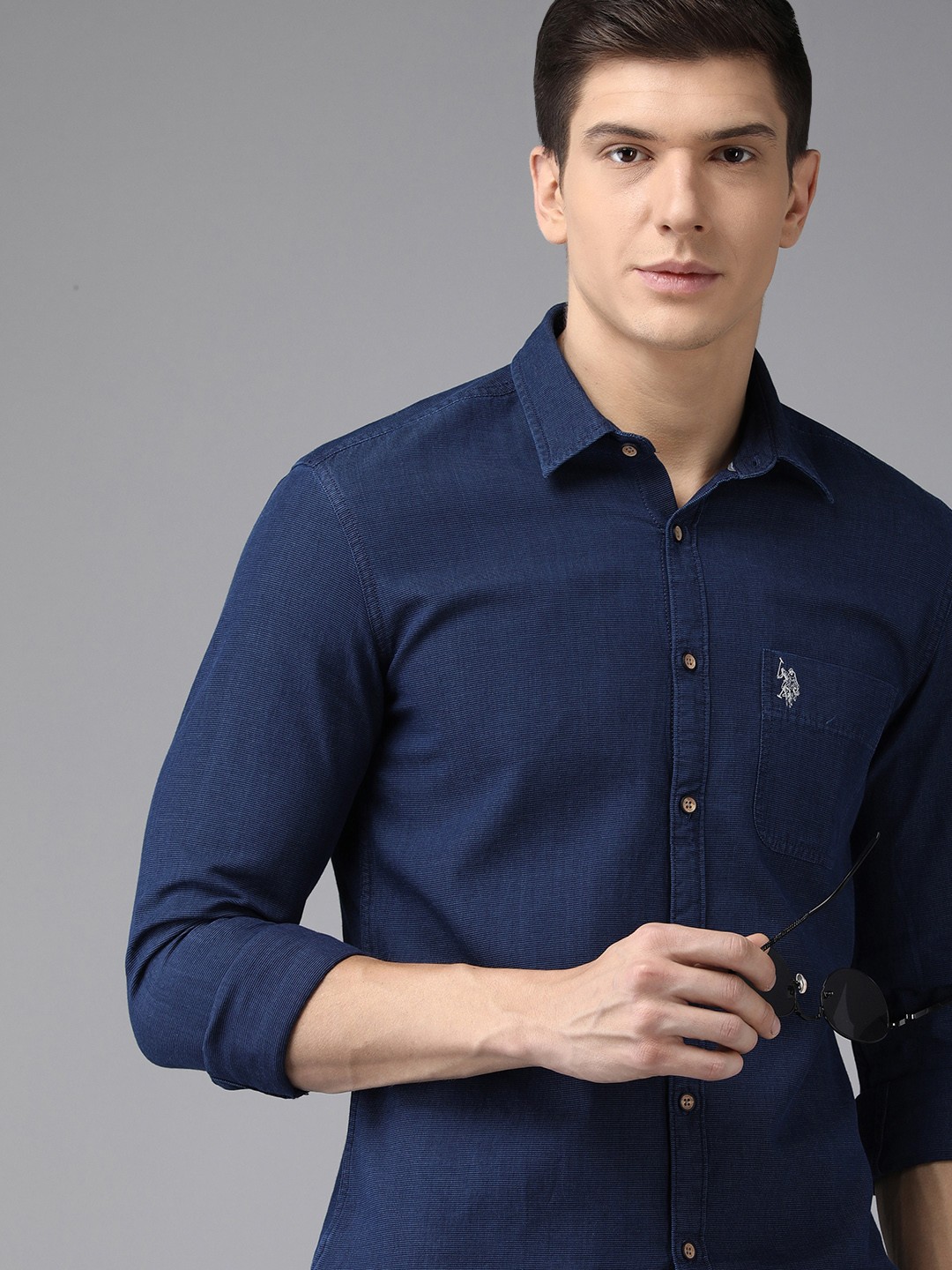

U S Polo Assn Denim Co Men Blue Texture Pure Cotton Casual Shirt