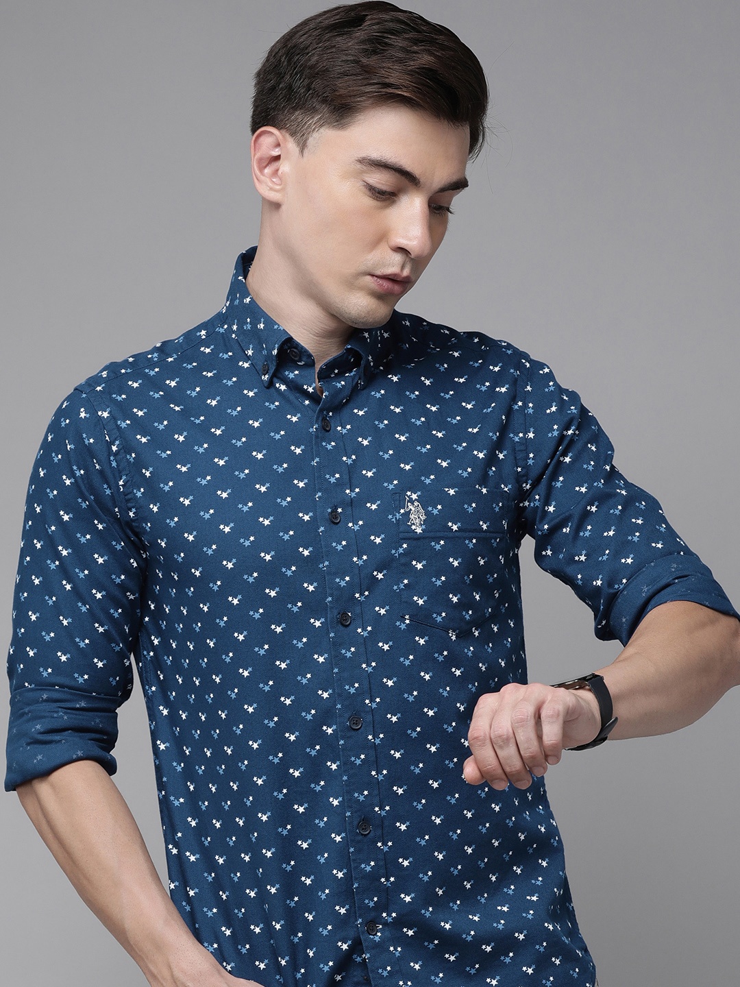 

U S Polo Assn Men Blue Tailored Fit Printed Casual Shirt