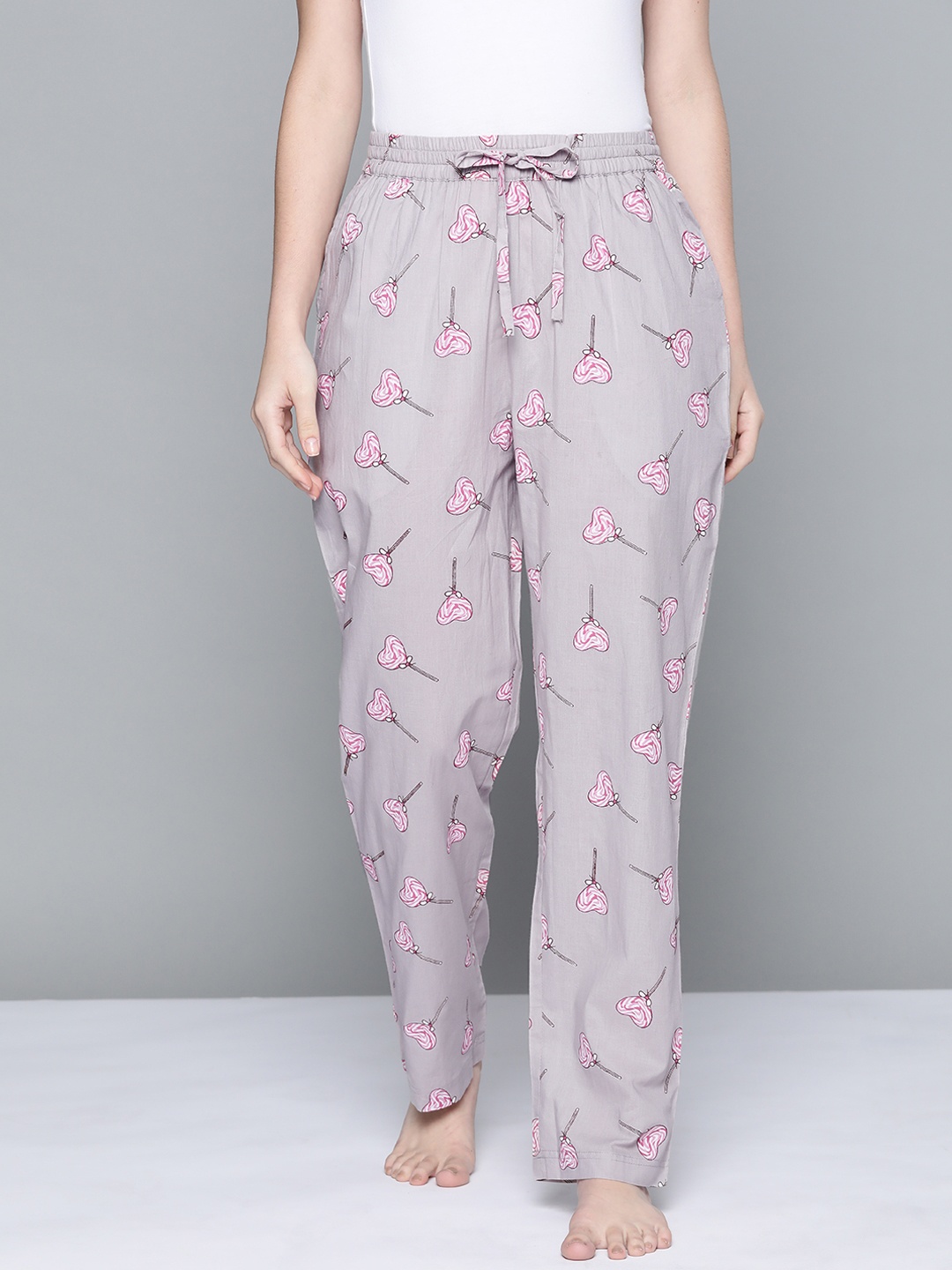 

HERE&NOW Women Grey & Pink Pure Cotton Printed Lounge Pants