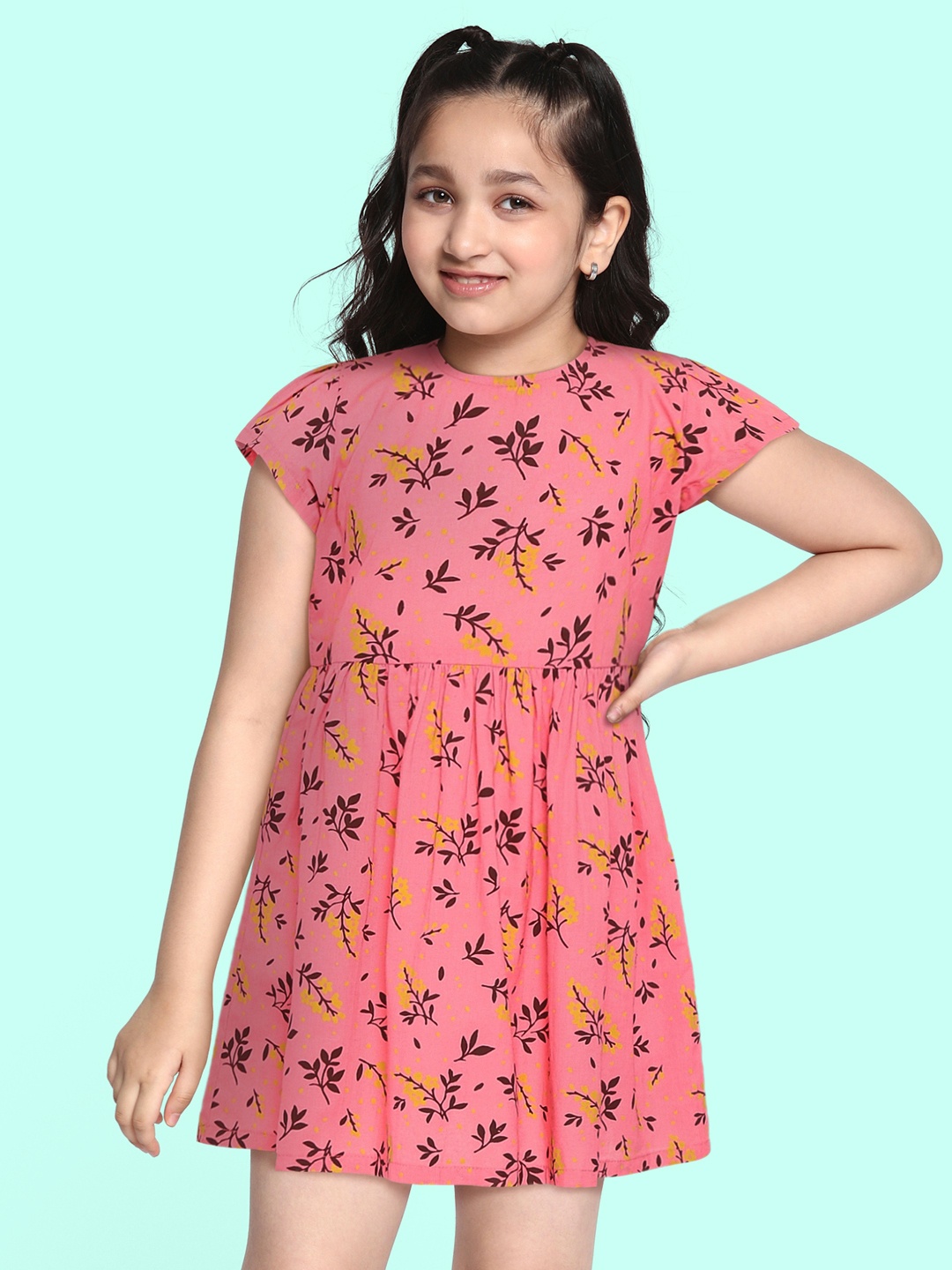 

HERE&NOW Girls Pink & Black Floral Pure Cotton Fit & Flare Dress