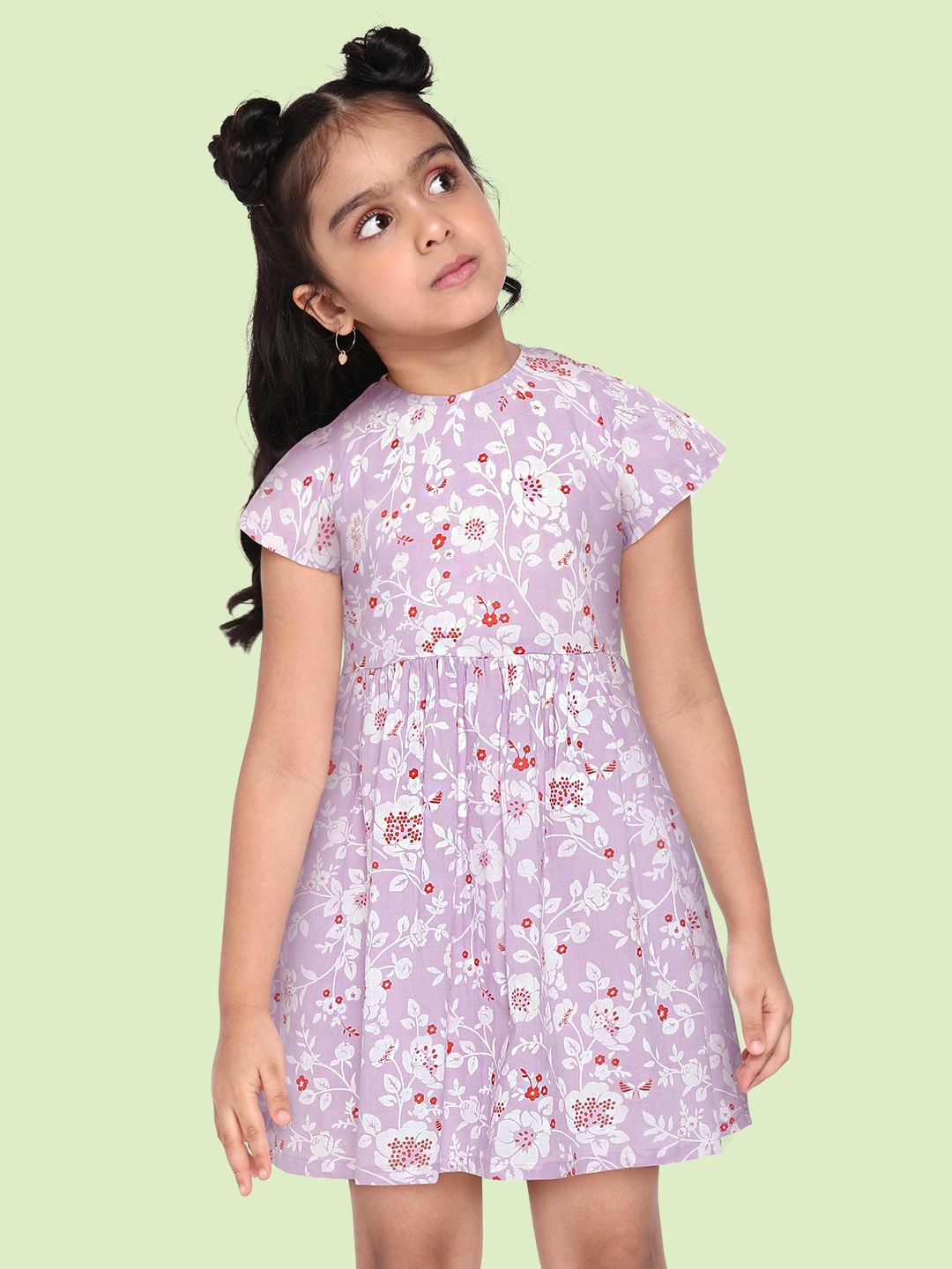 

HERE&NOW Girls Lavender & White Floral Pure Cotton Fit & Flare Dress