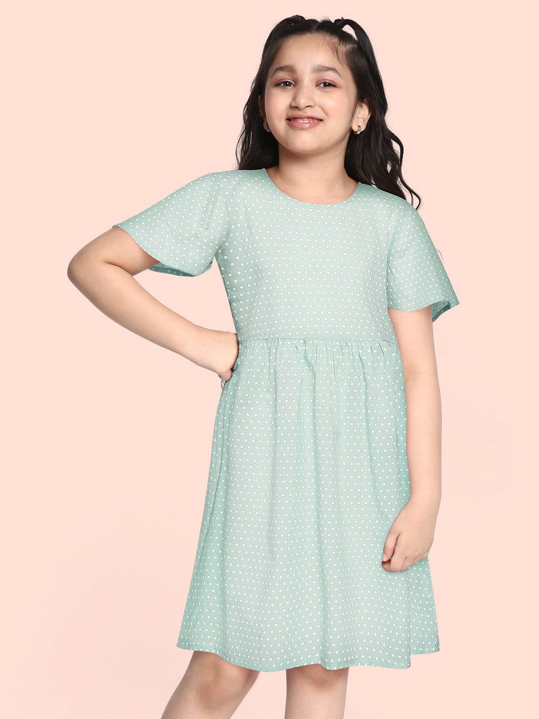 

HERE&NOW Girls Green & White Polka Dot Print Cotton Fit & Flare Dress