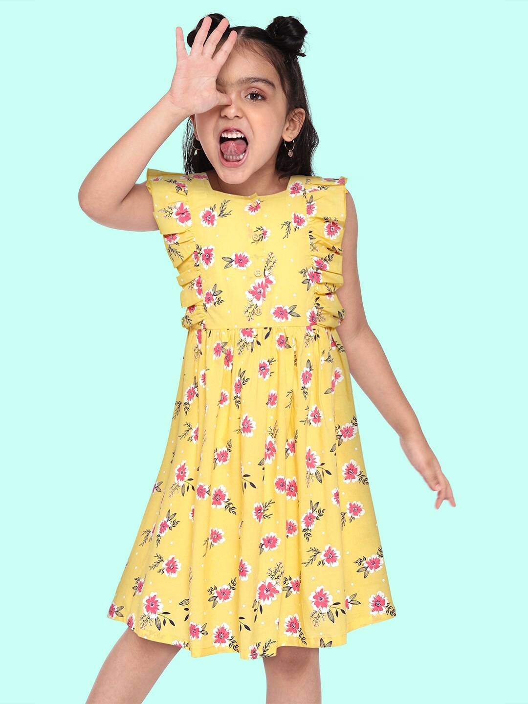 

HERE&NOW Girls Yellow & Pink Floral Print Cotton Fit & Flare Dress