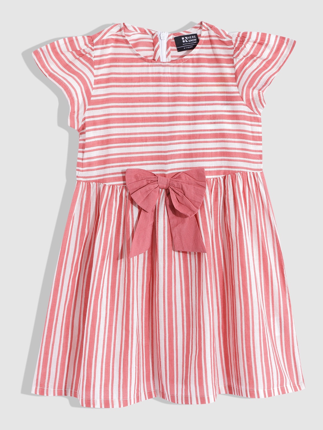 

HERE&NOW Girls White & Peach-Coloured Striped Pure Cotton Fit & Flare Dress