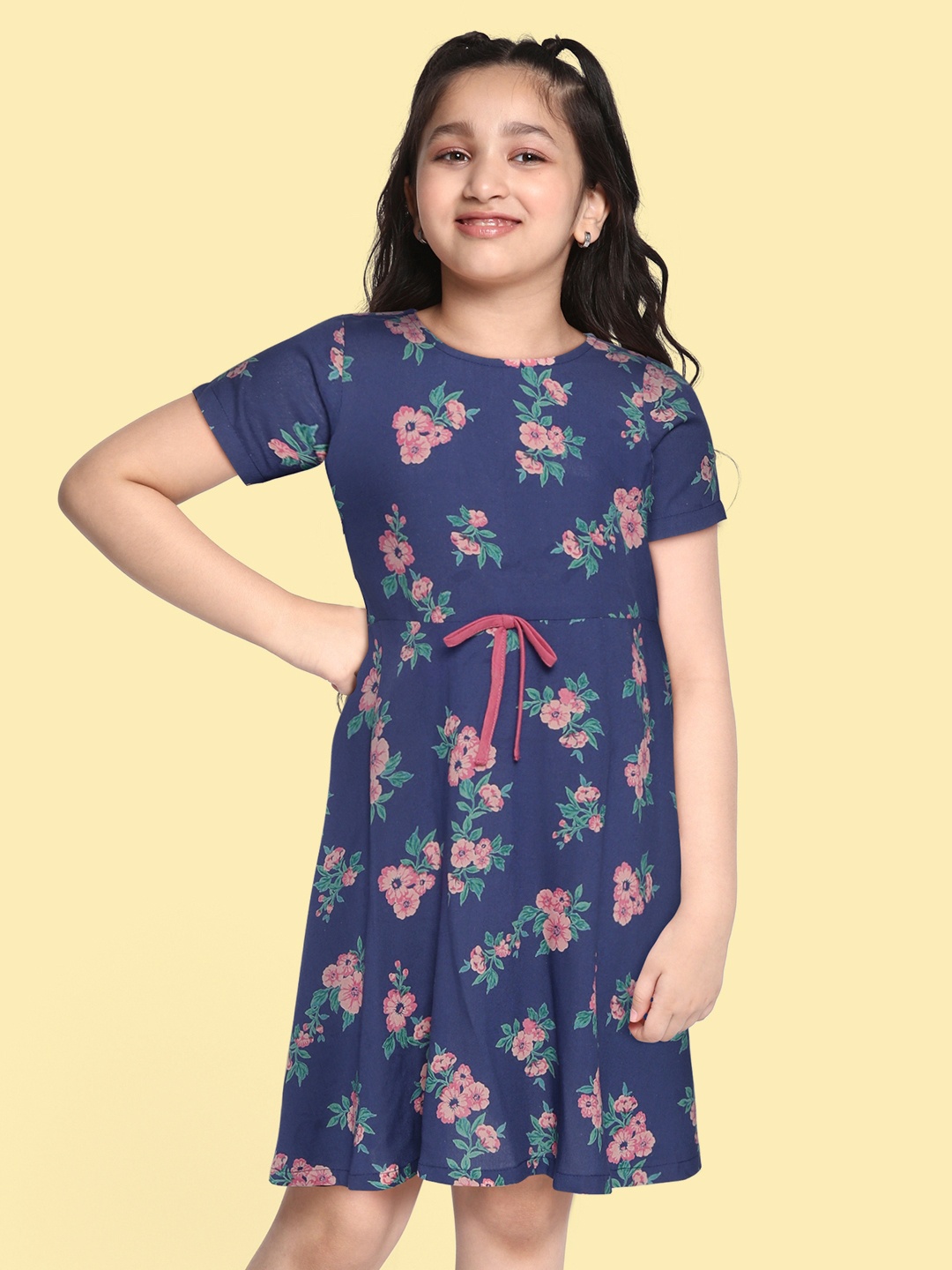 

HERE&NOW Girls Navy Blue & Pink Floral Print Fit & Flare Dress