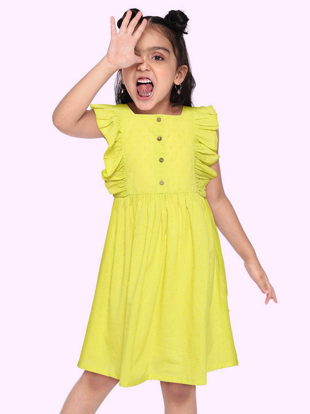 

HERE&NOW Girls Fluorescent Green Cotton Dobby Weave Fit & Flare Dress
