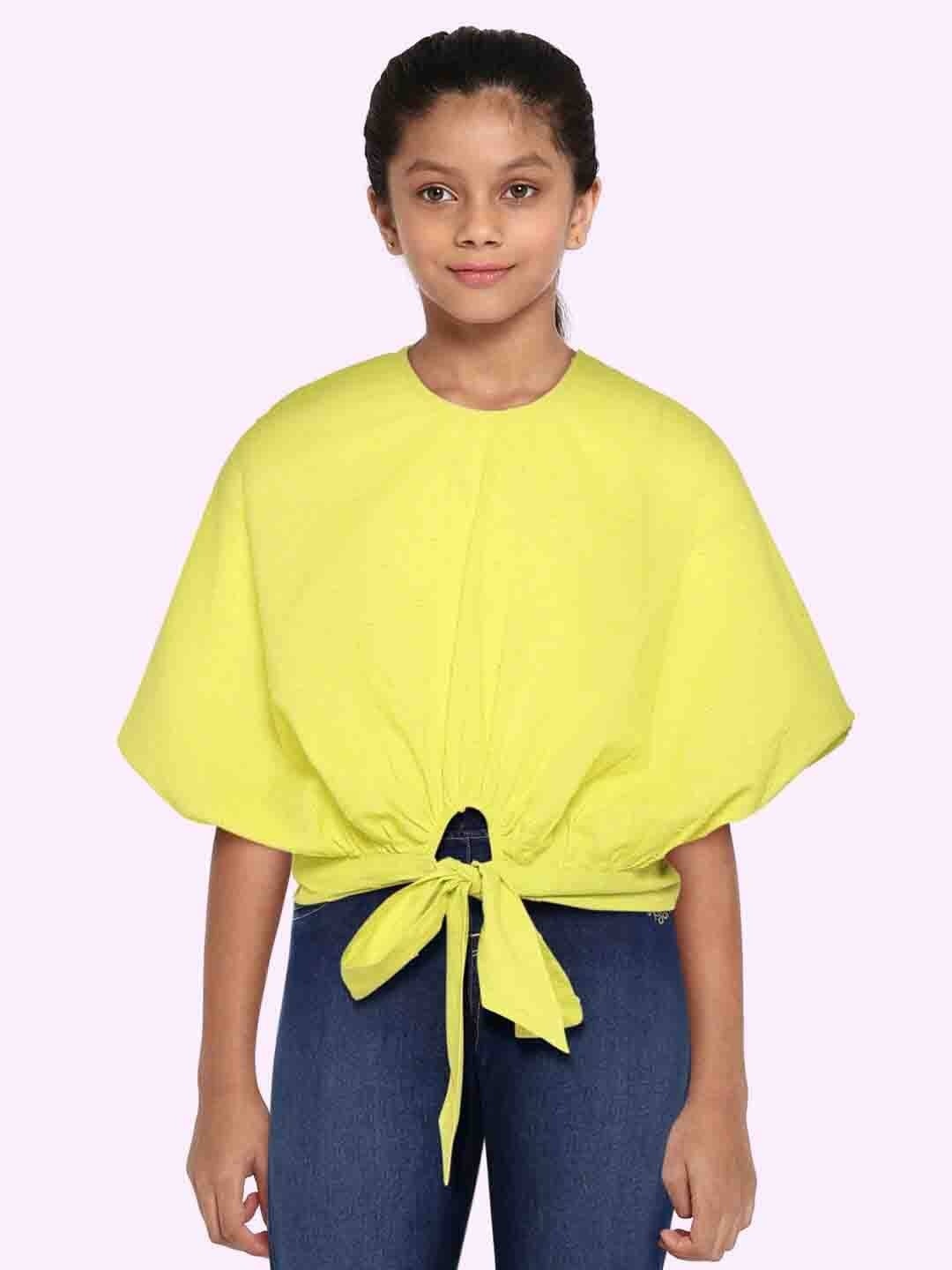 

HERE&NOW Girls Fluorescent Green Cotton Dobby Weave Extended Sleeves Kaftan Top
