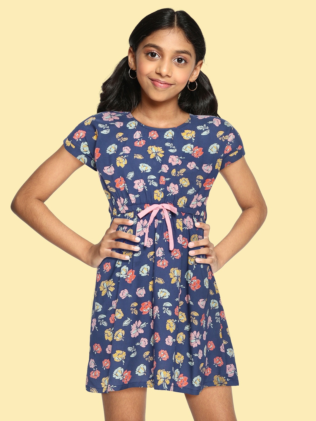 

HERE&NOW Girls Navy Blue & Pink Floral Fit & Flare Dress