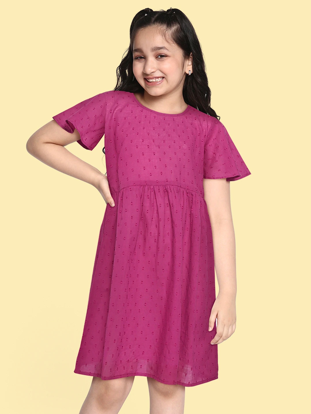 

HERE&NOW Girls Pink Cotton Dobby Weave Fit & Flare Dress