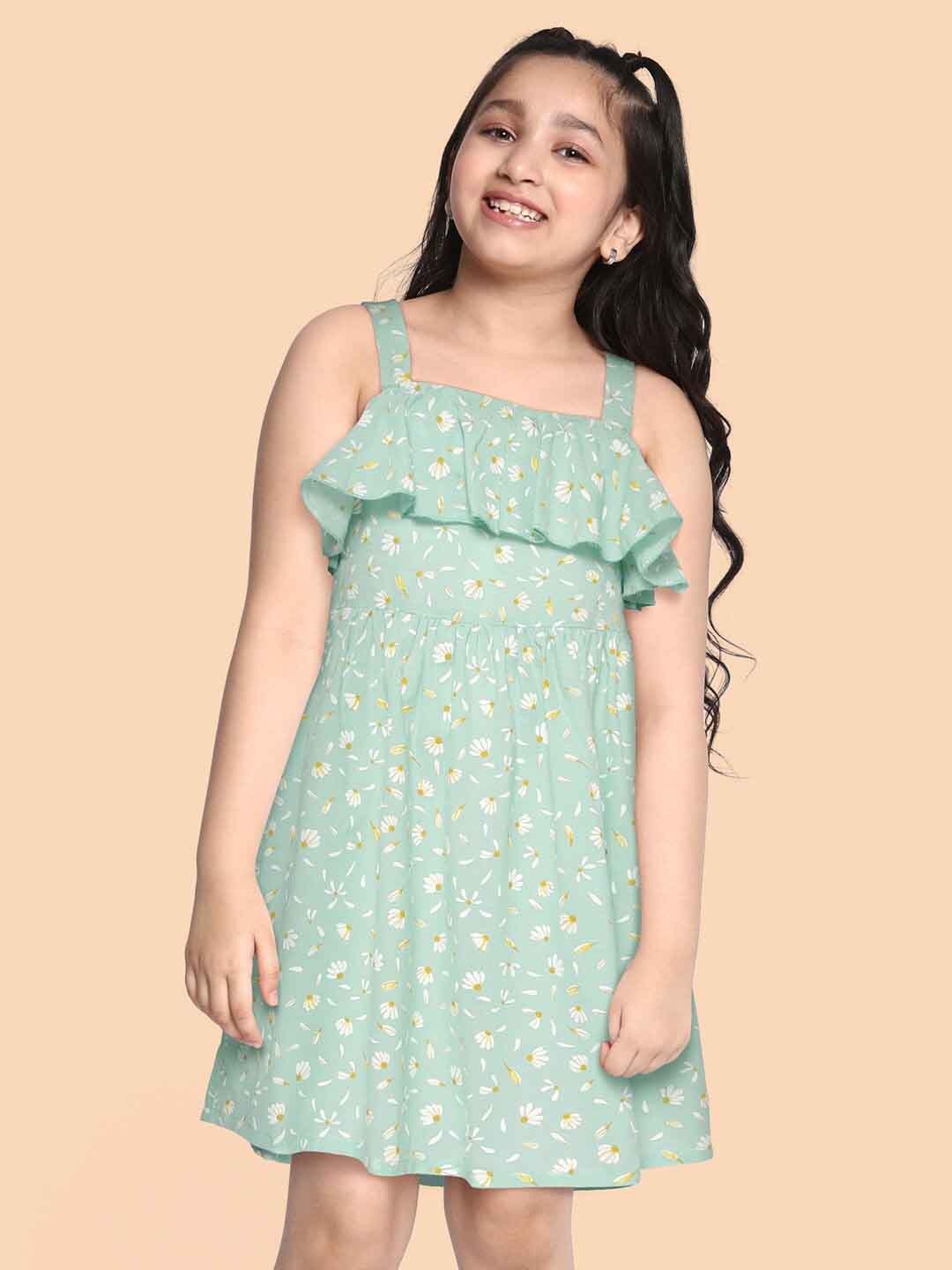 

HERE&NOW Girls Green & White Floral Print Cotton Fit & Flare Dress