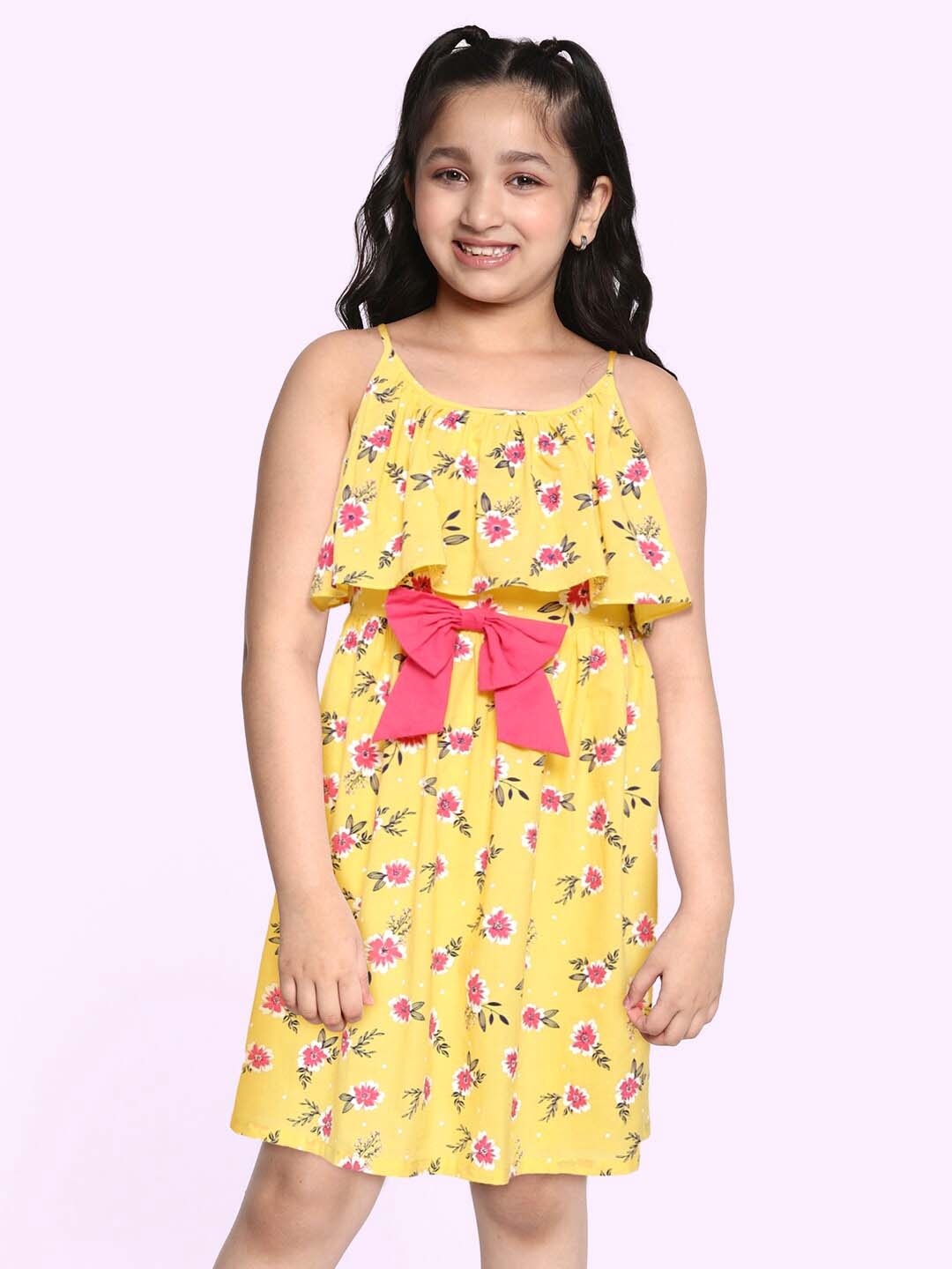 

HERE&NOW Girls Yellow & Pink Floral Print Cotton Fit & Flare Dress