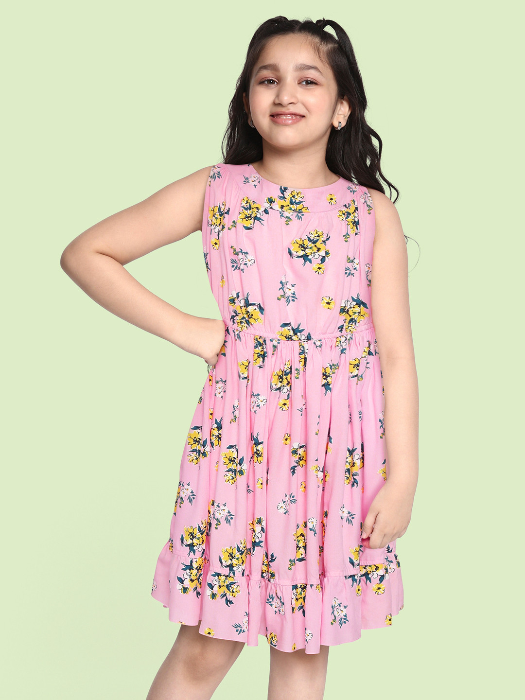 

HERE&NOW Girls Pink & Yellow Floral Halter Neck Dress