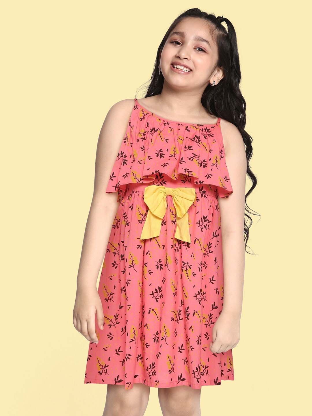 

HERE&NOW Girls Coral Pink & Black Floral Print Cotton Fit & Flare Dress