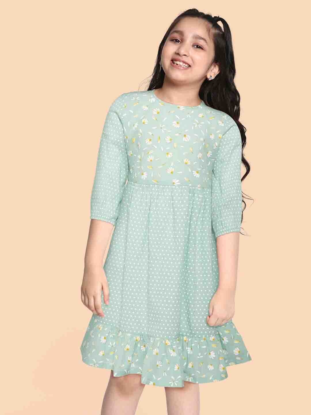 

HERE&NOW Girls Green & White Polka Dot Print Cotton Fit & Flare Dress