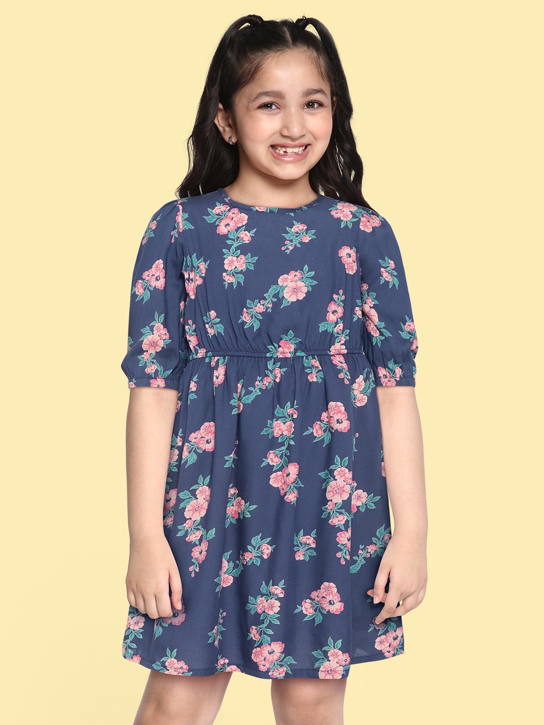 

HERE&NOW Girls Navy Blue & Pink Floral Fit & Flare Dress