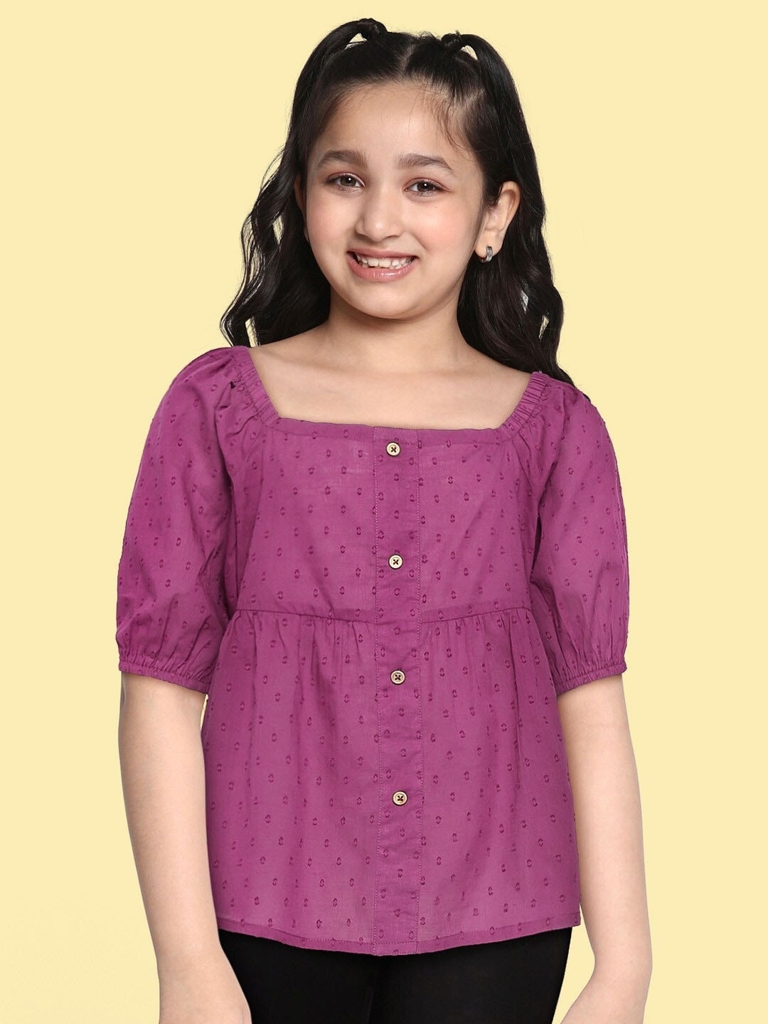 

HERE&NOW Girls Fuchsia Cotton Pink Off-Shoulder Dobby Weave Smocked A-Line Top