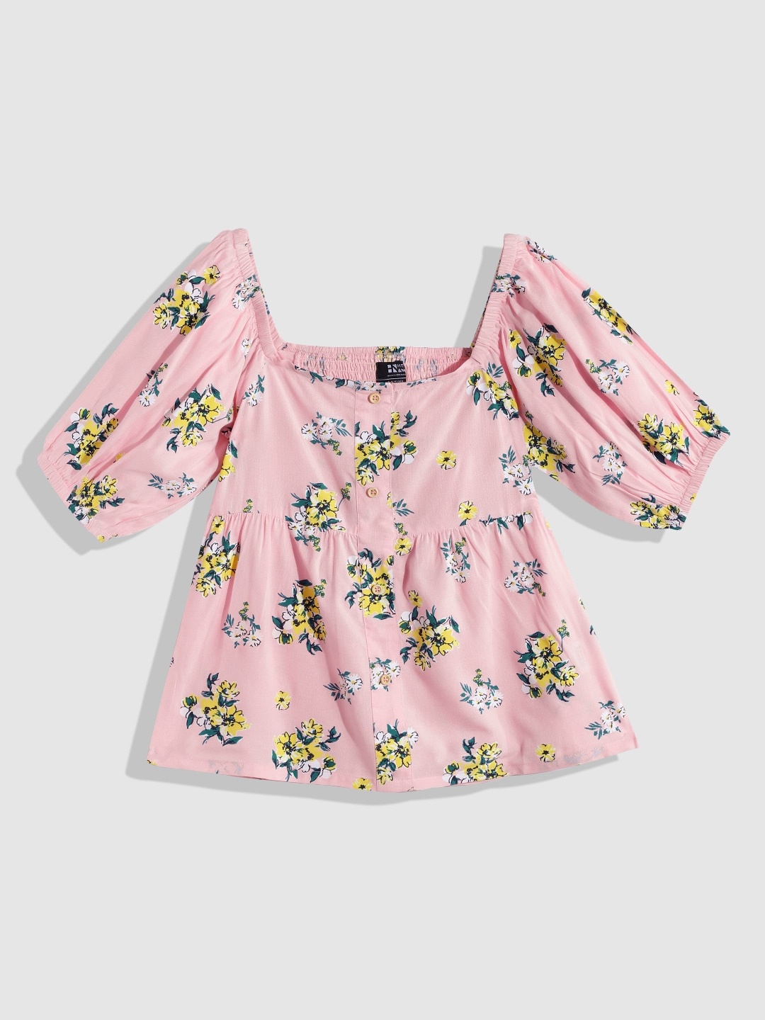 

HERE&NOW Girls Pink & Yellow Floral Print Smocked A-Line Top