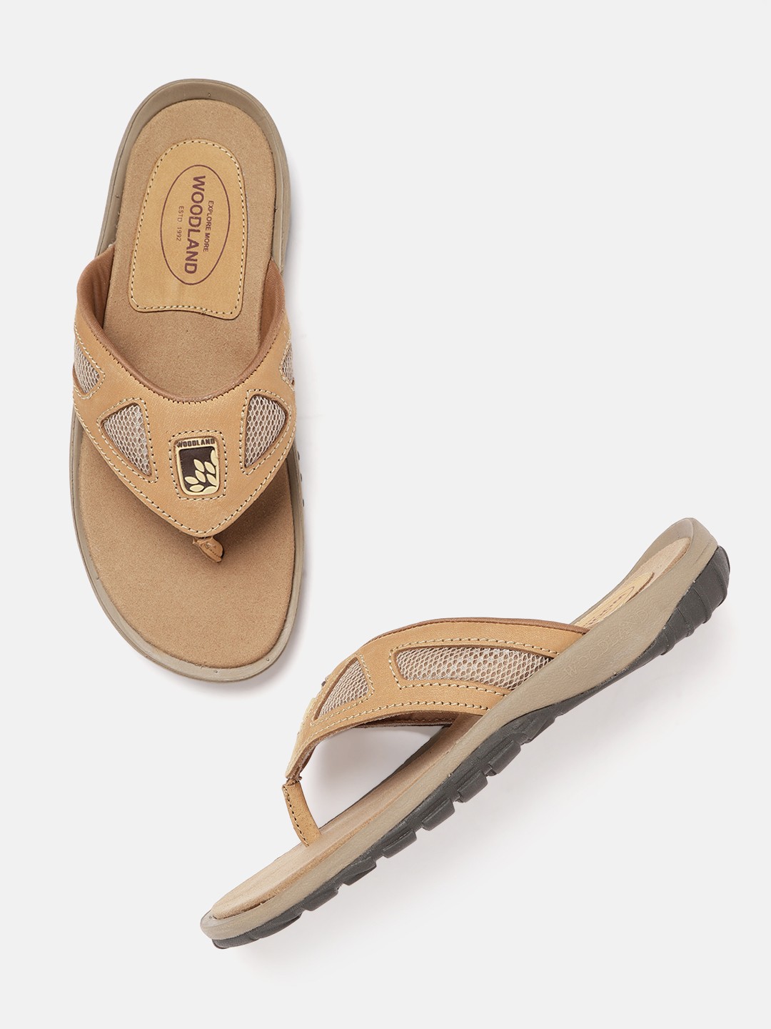 

Woodland Men Camel Brown & Beige Geometric Mesh Inserts Leather Comfort Sandal