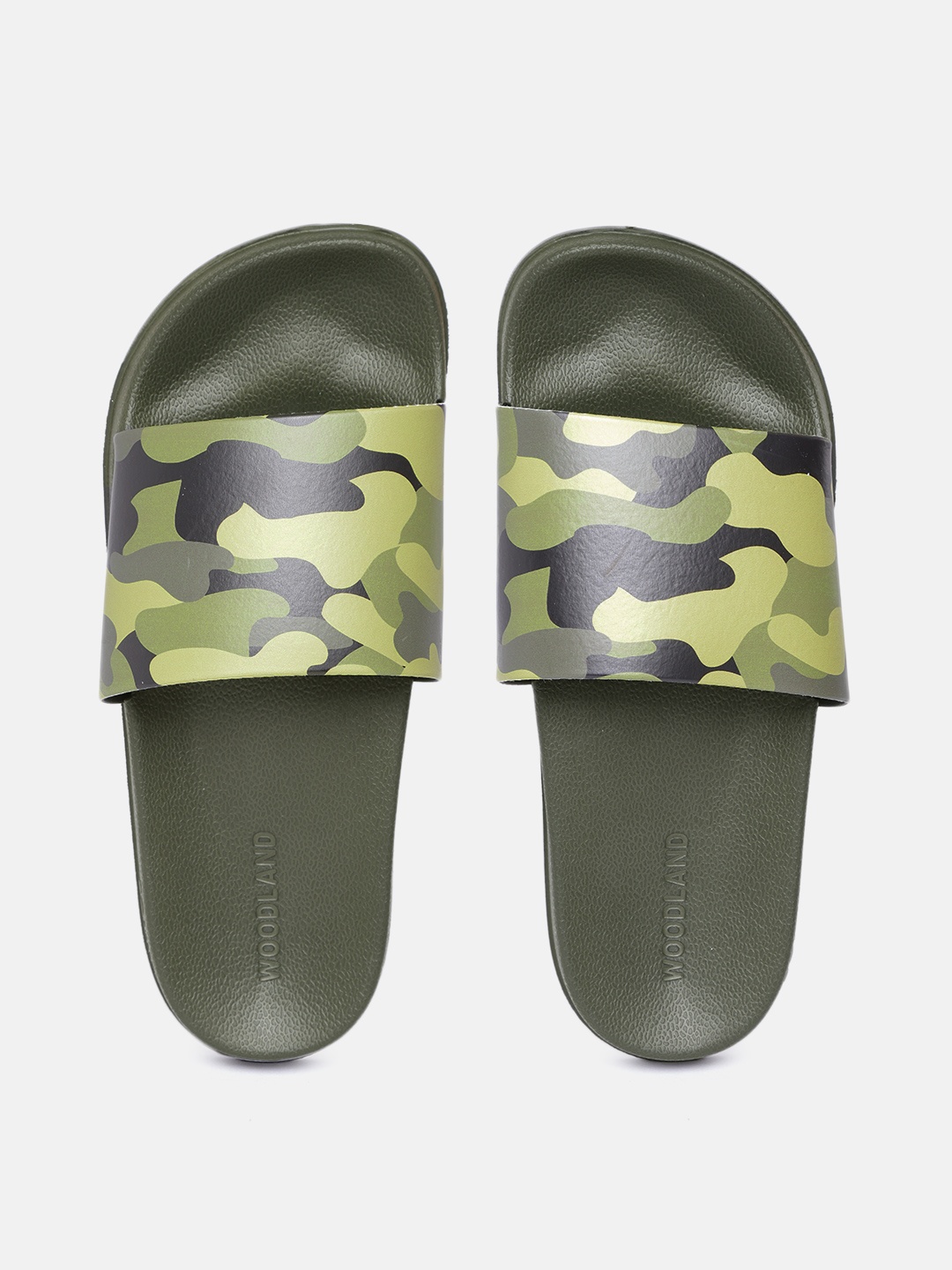 

Woodland Men Olive Green & Black Camouflage Print Sliders