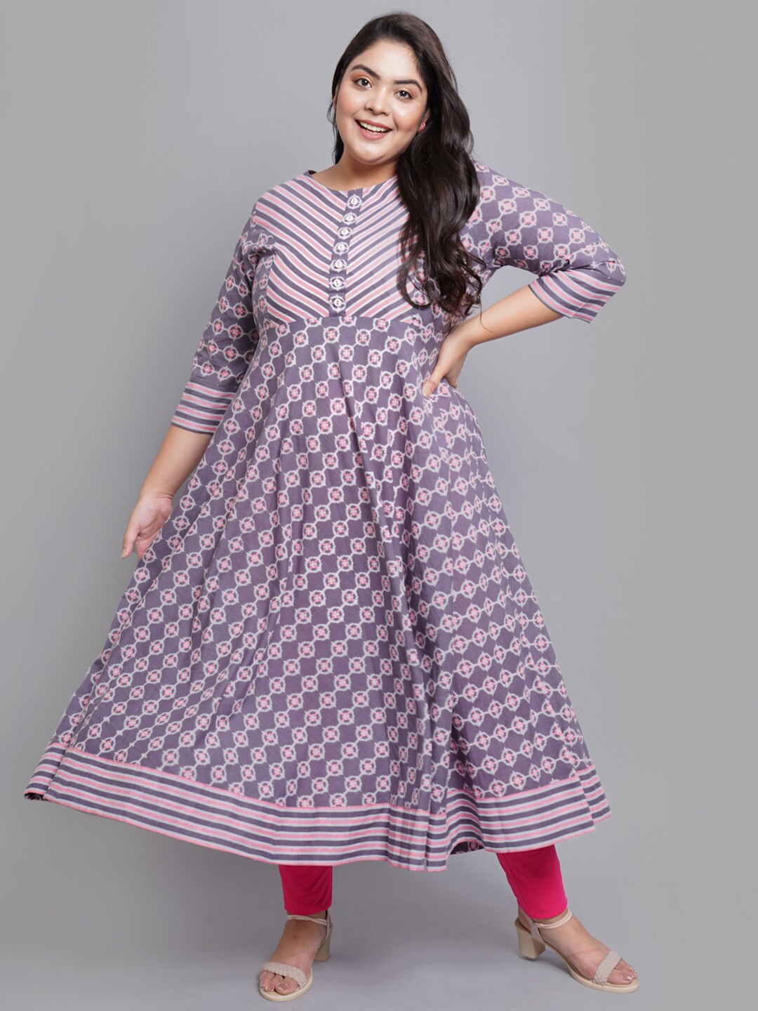 

YASH GALLERY Women Pink & Lavender Geometric Printed Anarkali Kurta