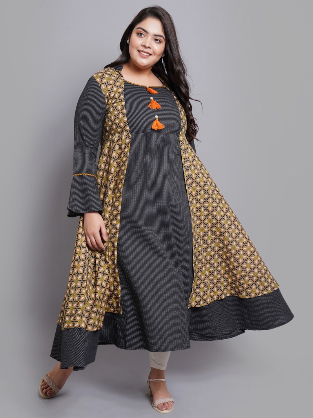 

YASH GALLERY Women Black & Orange Ethnic Motifs Printed Anarkali Kurta