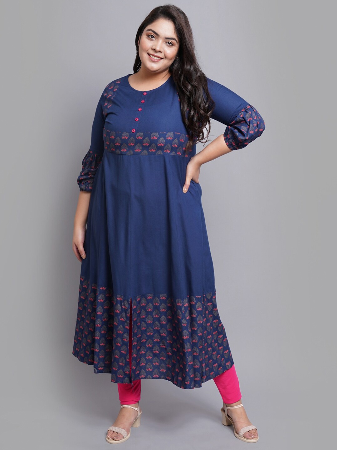 YASH GALLERY Women Blue & Pink Ethnic Motifs Printed Anarkali Kurta