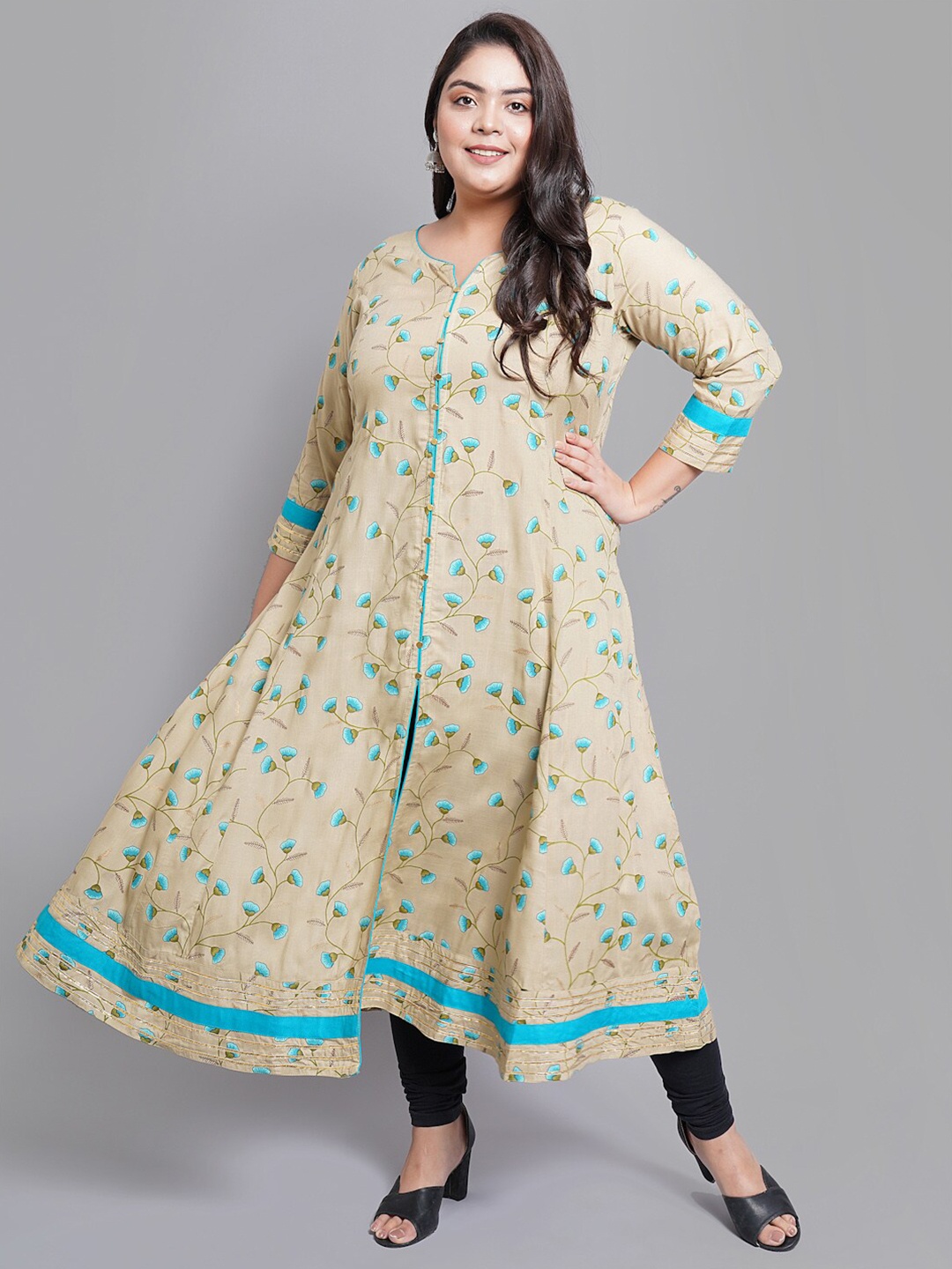 YASH GALLERY Women Beige & Blue Floral Printed A-line Kurta