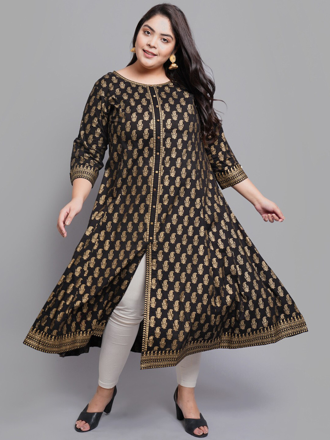 

YASH GALLERY Women Black & Gold-Toned Ethnic Motifs Printed Kurta