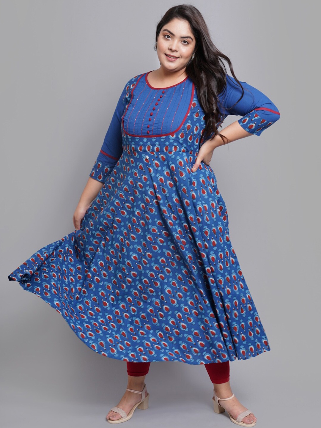 YASH GALLERY Women Blue & Red Ethnic Motifs Plus Size Printed Anarkali Kurta