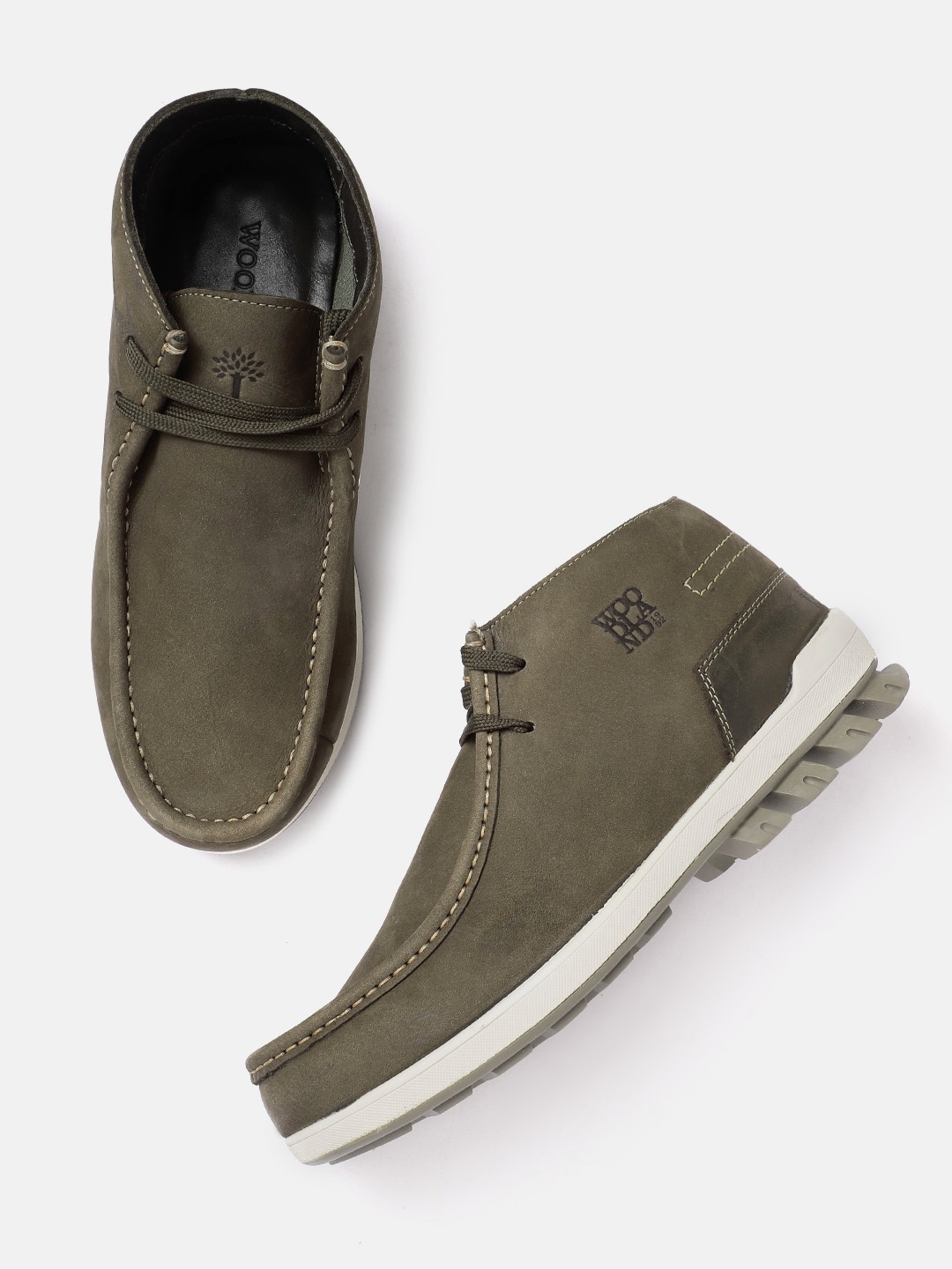 

Woodland Men Round-Toe Leather Derbys, Olive