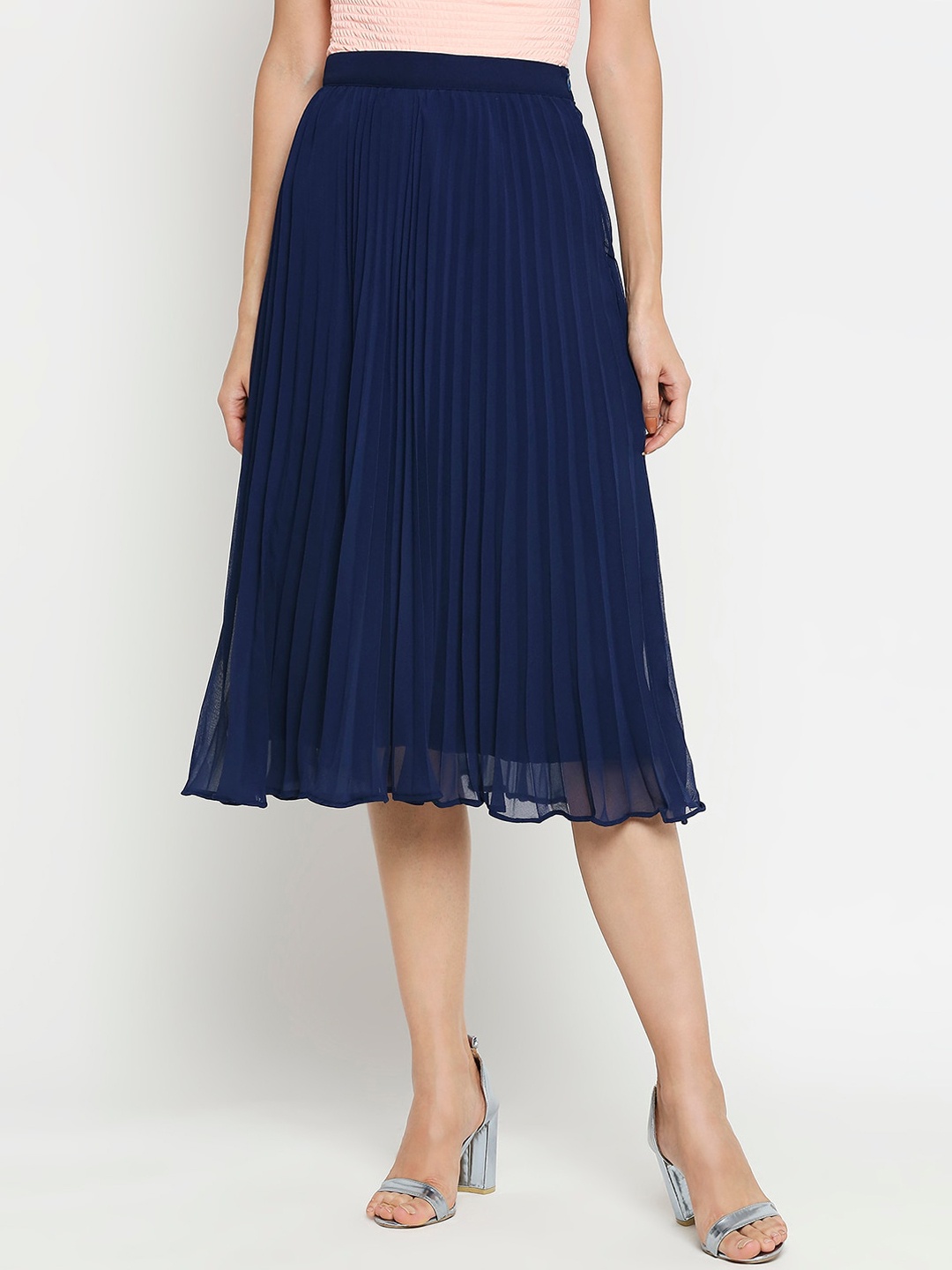 

aaliya Women Navy Blue Solid Midi Flared Skirt
