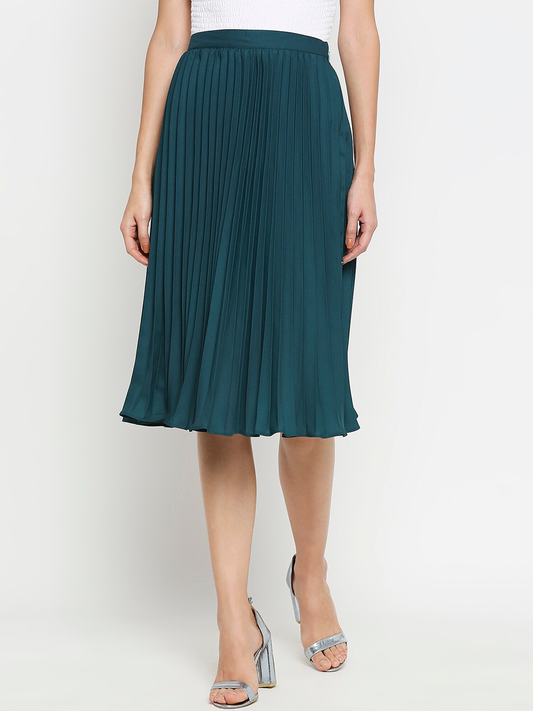 

aaliya Women Teal Green Solid Accordion Pleated Midi Flared Skirt