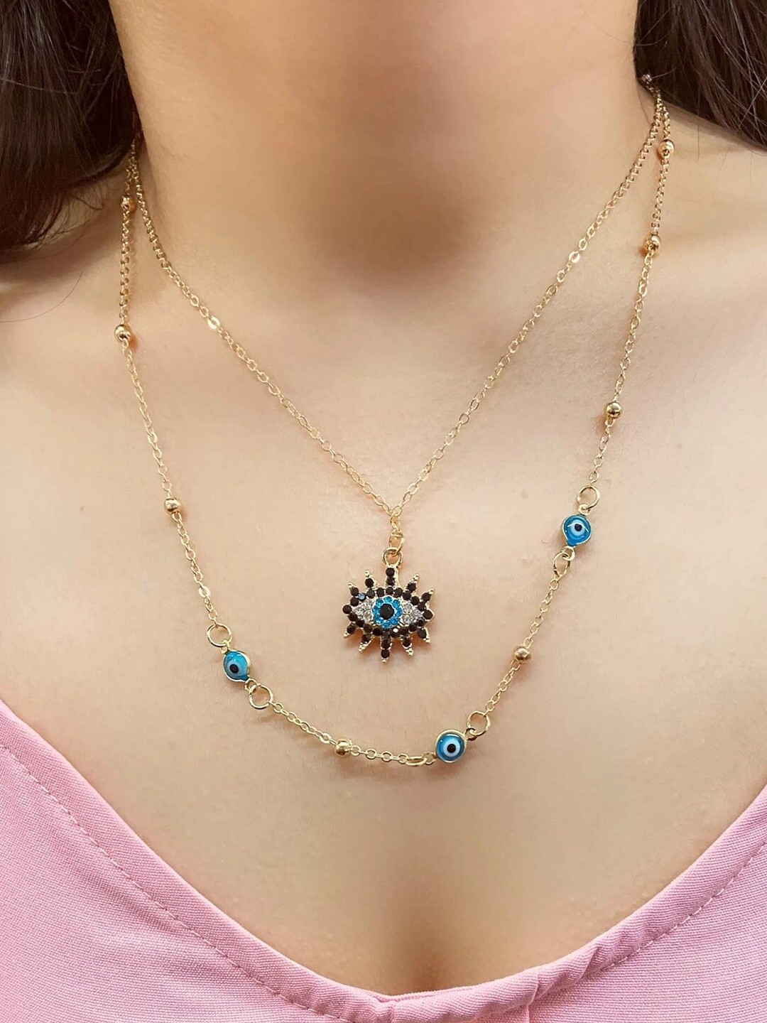 

OOMPH Blue & Gold-Toned Crystal Evil Eye Layered Necklace