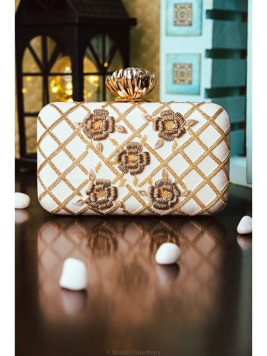 

NR By Nidhi Rathi Off White & Gold-Toned Embroidered Embellished Box Clutch