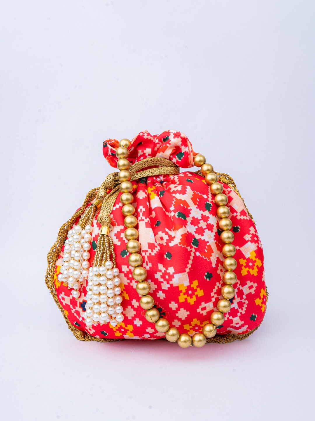 

NR By Nidhi Rathi Orange & White Embroidered Embellished Potli Clutch