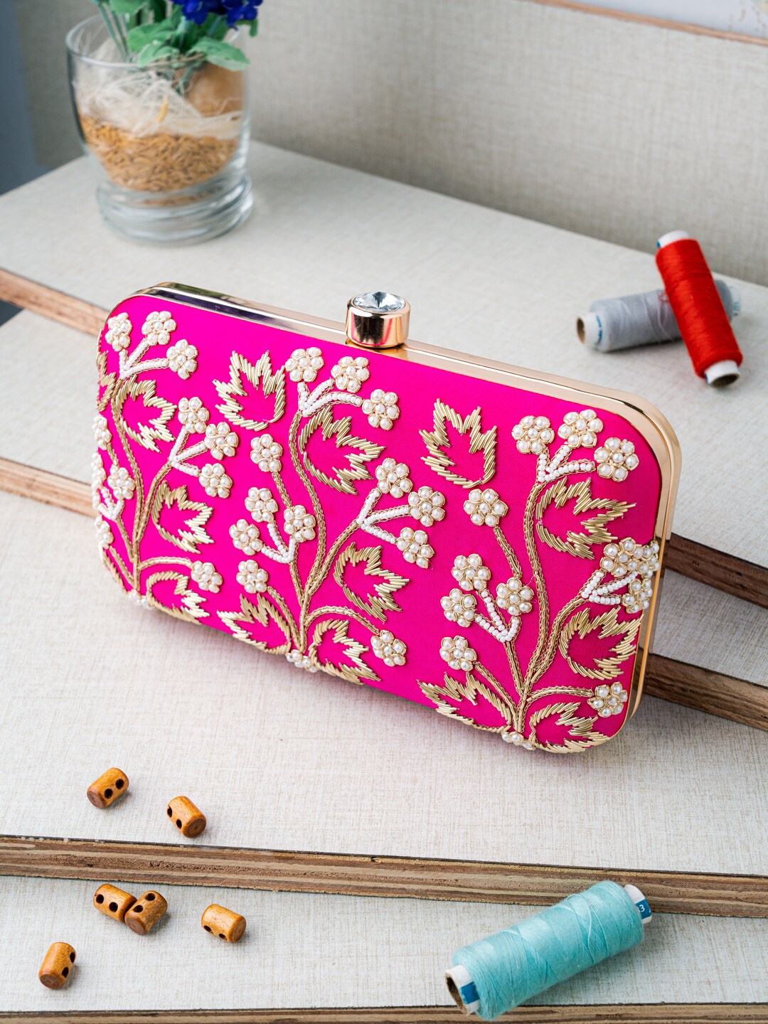 

NR By Nidhi Rathi Pink & White Hand Embroidered Box Clutch