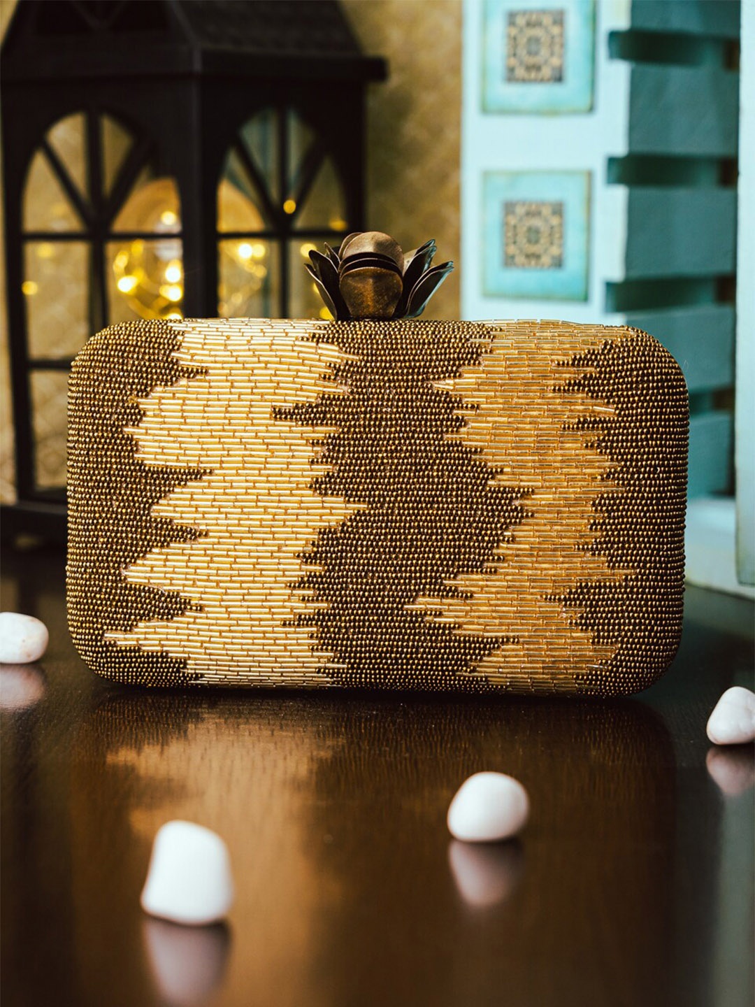 

NR By Nidhi Rathi Copper-Toned & Beige Embellished Box Clutch