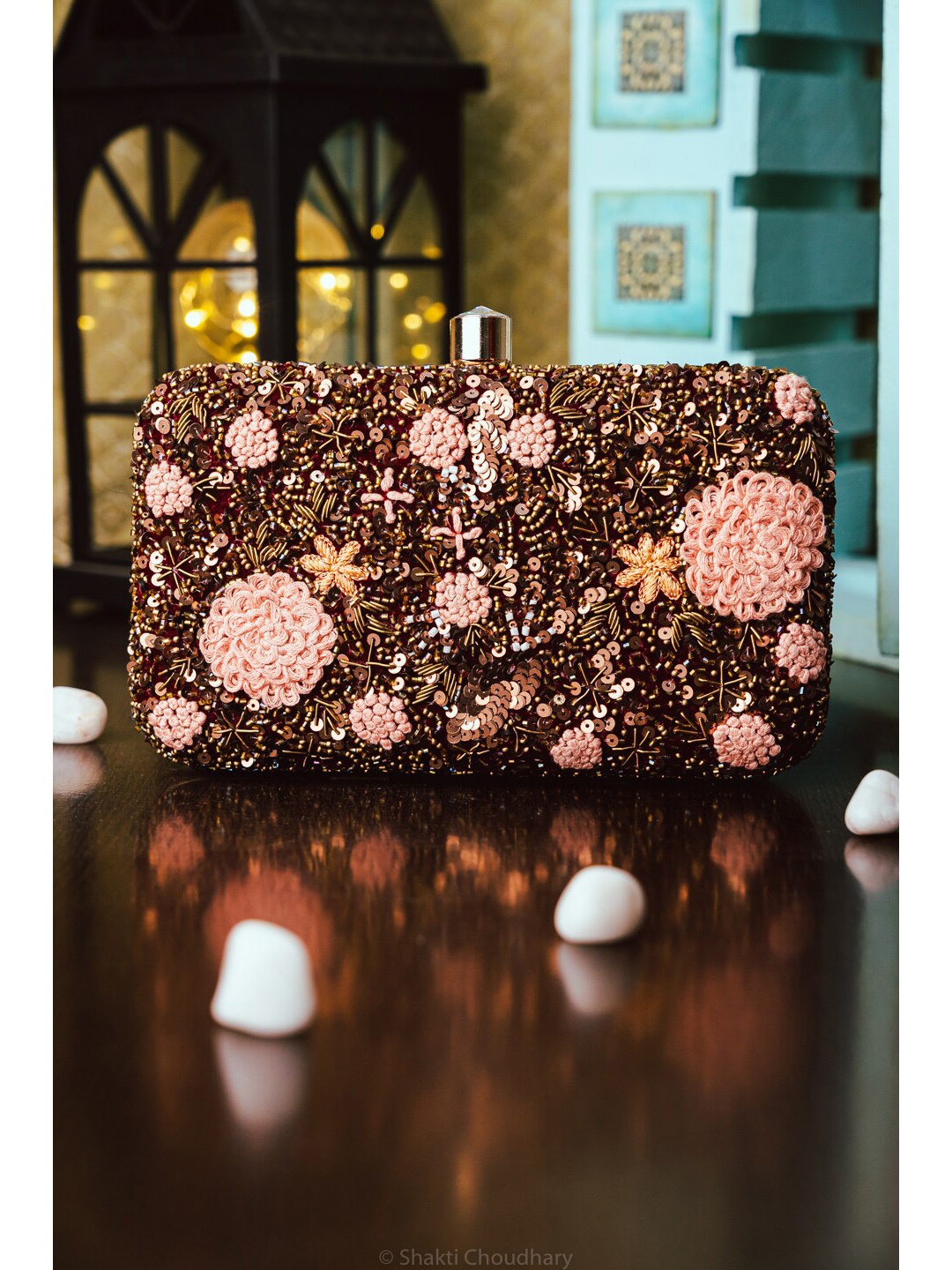 

NR By Nidhi Rathi Maroon & Pink Embroidered Embellished Box Clutch