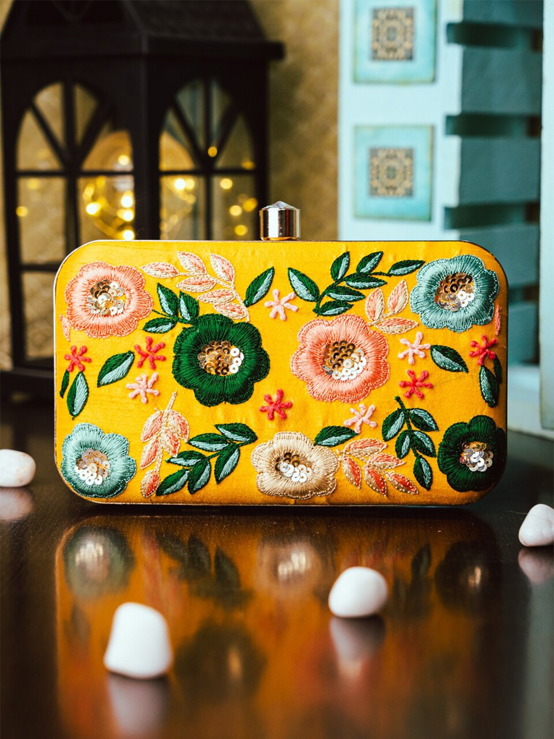

NR By Nidhi Rathi Yellow & Green Embroidered Box Clutch
