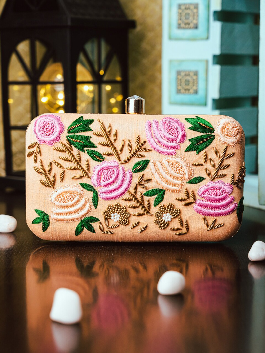 

NR By Nidhi Rathi Peach-Coloured & Pink Embroidered Box Clutch