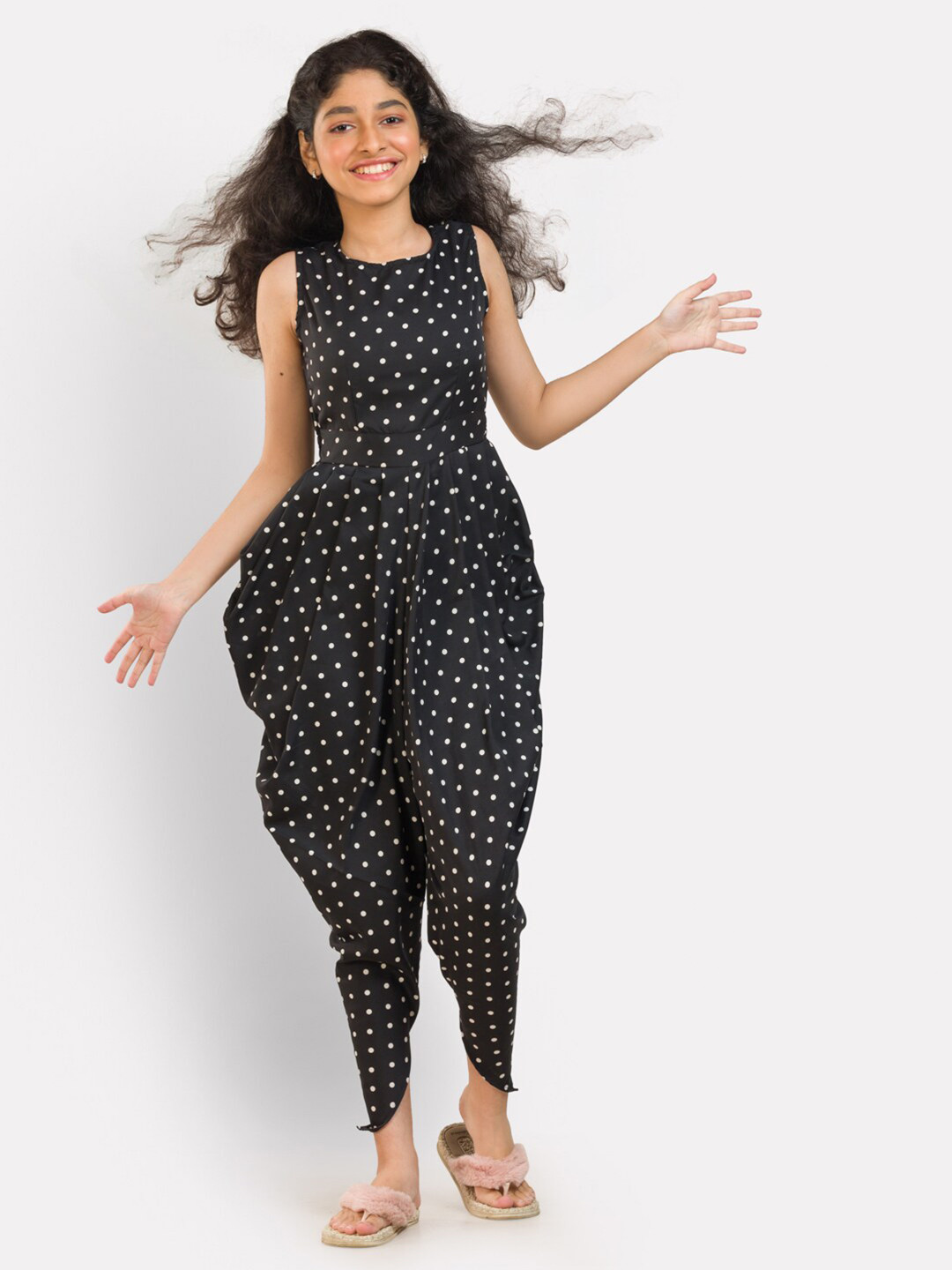 

Uptownie Lite Girls Black & White Polka Dots Printed Jumpsuit