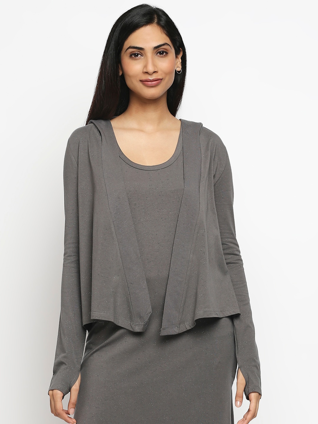 

effy Women Grey Glitter Organic Cotton Hooded Shrug