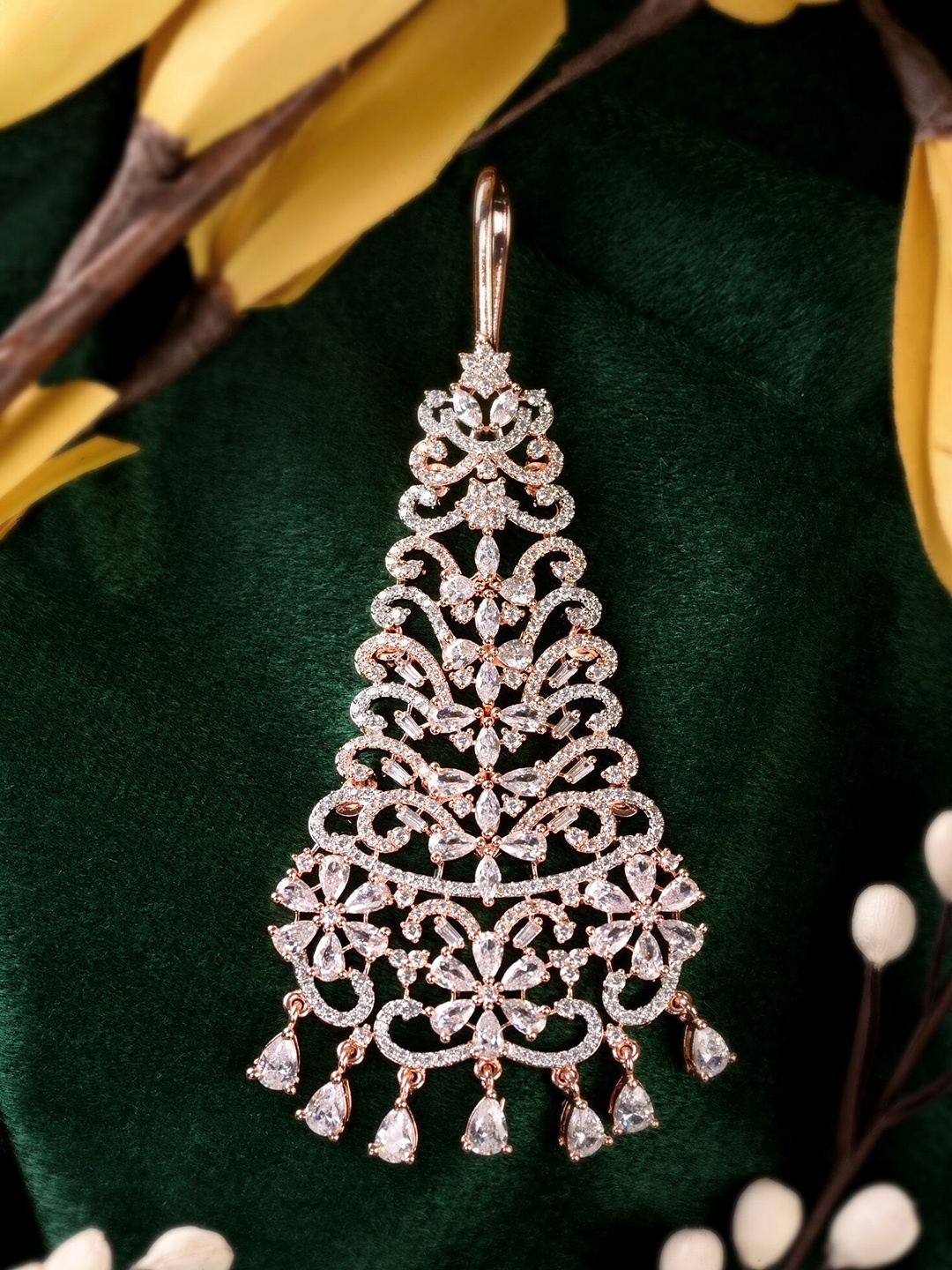 

Saraf RS Jewellery Rose Gold-Plated White AD-Studded Jhumar Passa