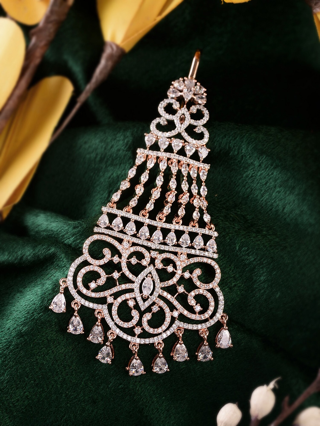 

Saraf RS Jewellery Rose Gold-Plated White AD-Studded Jhumar Passa