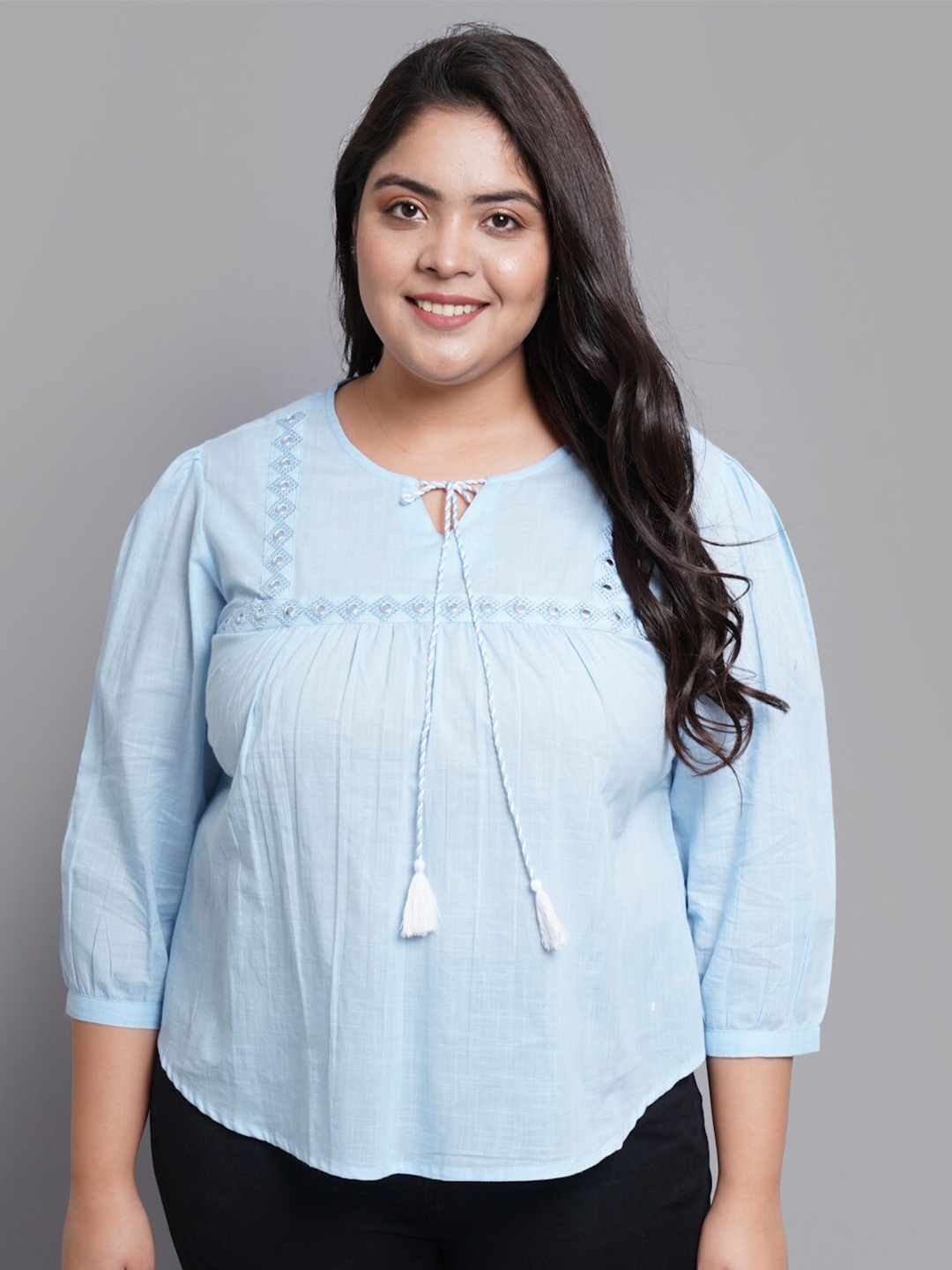 

YASH GALLERY Blue Tie-Up Neck Top