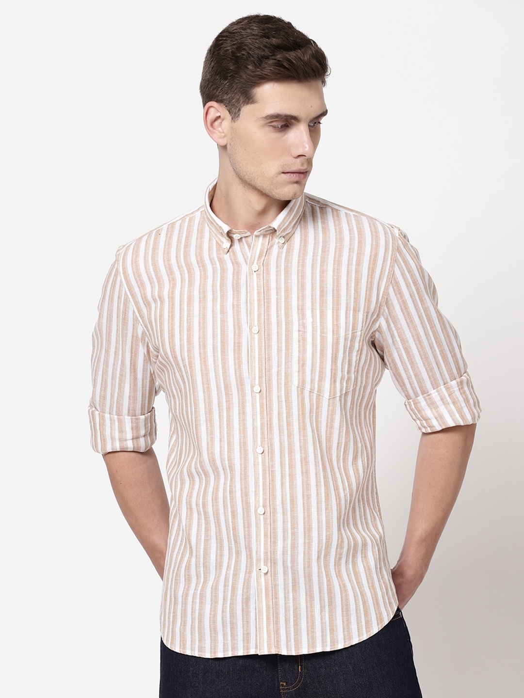 

AD By Arvind Men Mustard Striped Casual Shirt